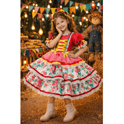 Vestido Junino Arraiá Festas Vermelho Saia Colorida