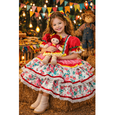 Vestido Junino Arraiá Festas Vermelho Saia Colorida