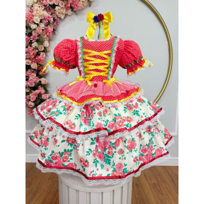 Vestido Junino Arraiá Festas Vermelho Saia Colorida