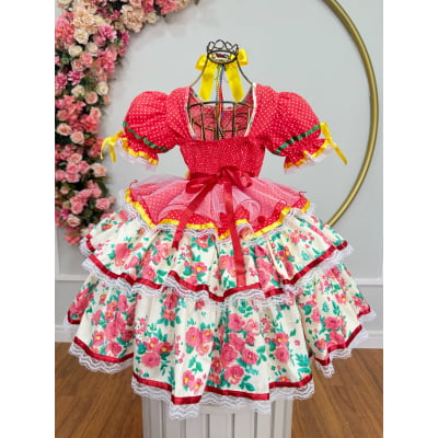Vestido Junino Arraiá Festas Vermelho Saia Colorida