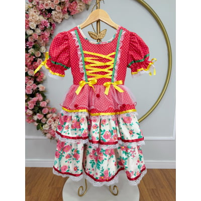 Vestido Junino Arraiá Festas Vermelho Saia Colorida