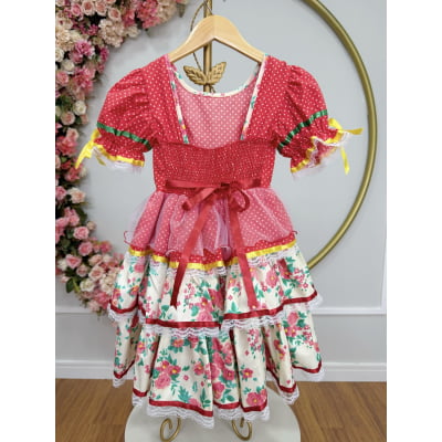 Vestido Junino Arraiá Festas Vermelho Saia Colorida