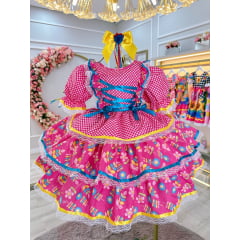 Vestido Junino Arraiá Pink Colorido Saia C/ Babados Luxo