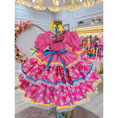 Vestido Junino Arraiá Pink Colorido Saia C/ Babados Luxo