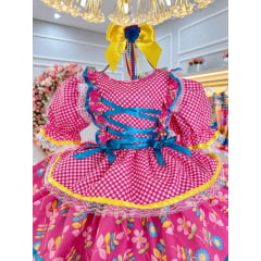 Vestido Junino Arraiá Pink Colorido Saia C/ Babados Luxo