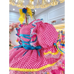 Vestido Junino Arraiá Pink Colorido Saia C/ Babados Luxo