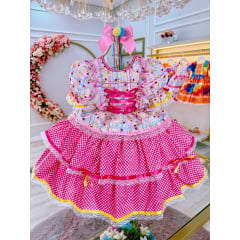 Vestido Junino Arraiá Rosa Colorido Saia C/ Babados Luxo