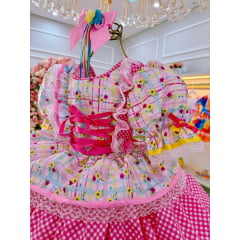 Vestido Junino Arraiá Rosa Colorido Saia C/ Babados Luxo