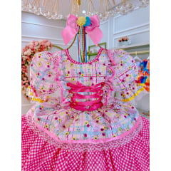Vestido Junino Arraiá Rosa Colorido Saia C/ Babados Luxo