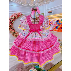 Vestido Junino Arraiá Rosa Colorido Saia C/ Babados Luxo
