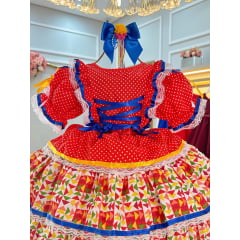Vestido Junino Arraiá Vermelho e Saia C/ Babados Coloridos