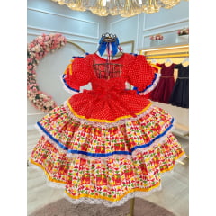 Vestido Junino Arraiá Vermelho e Saia C/ Babados Coloridos