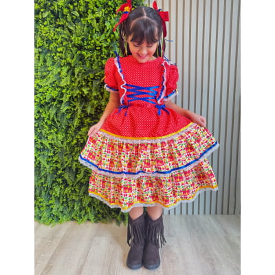 Vestido Junino Arraiá Vermelho e Saia C/ Babados Coloridos