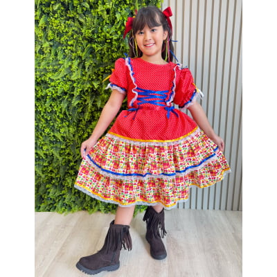 Vestido Junino Arraiá Vermelho e Saia C/ Babados Coloridos