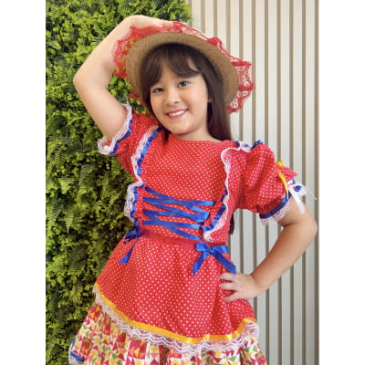 Vestido Junino Arraiá Vermelho e Saia C/ Babados Coloridos