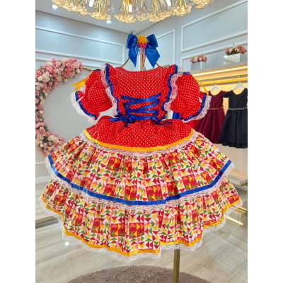 Vestido Junino Arraiá Vermelho e Saia C/ Babados Coloridos