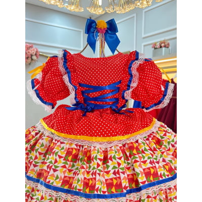 Vestido Junino Arraiá Vermelho e Saia C/ Babados Coloridos