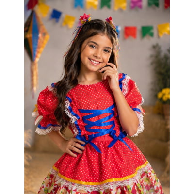 Vestido Junino Arraiá Vermelho e Saia C/ Babados Coloridos