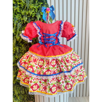Vestido Junino Arraiá Vermelho e Saia C/ Babados Coloridos