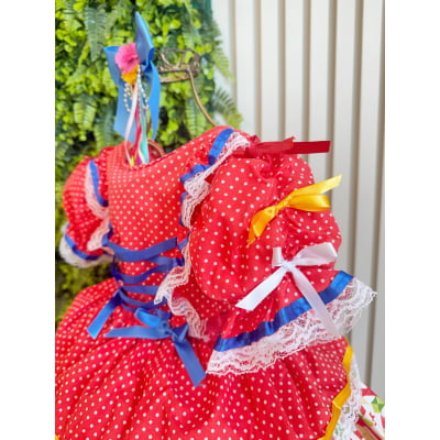 Vestido Junino Arraiá Vermelho e Saia C/ Babados Coloridos