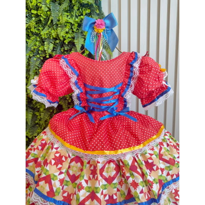 Vestido Junino Arraiá Vermelho e Saia C/ Babados Coloridos