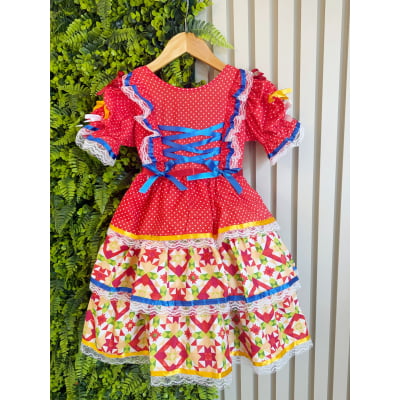 Vestido Junino Arraiá Vermelho e Saia C/ Babados Coloridos