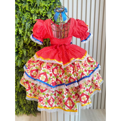 Vestido Junino Arraiá Vermelho e Saia C/ Babados Coloridos