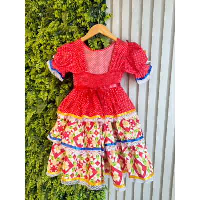 Vestido Junino Arraiá Vermelho e Saia C/ Babados Coloridos