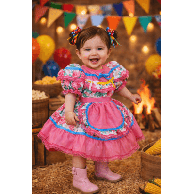 Vestido Junino Bebê Arraiá Festa Rosa Colorido Florzinhas