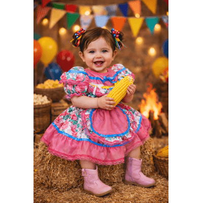 Vestido Junino Bebê Arraiá Festa Rosa Colorido Florzinhas