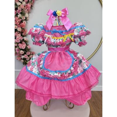 Vestido Junino Bebê Arraiá Festa Rosa Colorido Florzinhas