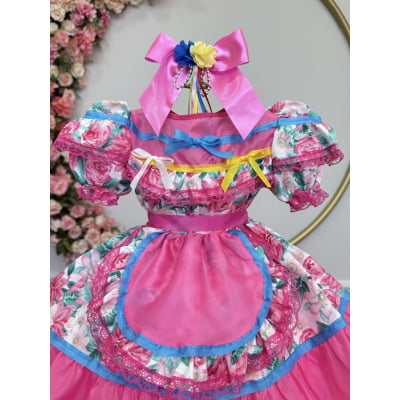 Vestido Junino Bebê Arraiá Festa Rosa Colorido Florzinhas