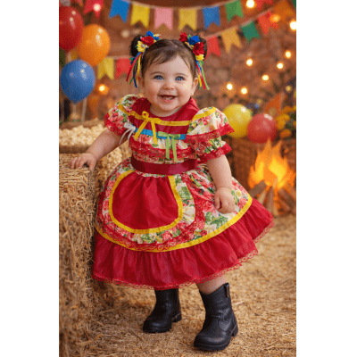 Vestido Junino Bebê Arraiá Festa Vermelho Colorido Florzinhas