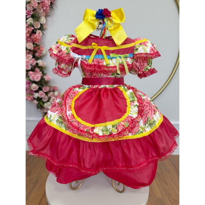 Vestido Junino Bebê Arraiá Festa Vermelho Colorido Florzinhas