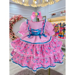 Vestido Junino Caipira Arraiá  Rosa Colorido Saia C/ Babados