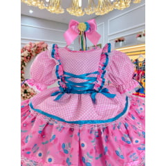 Vestido Junino Caipira Arraiá  Rosa Colorido Saia C/ Babados