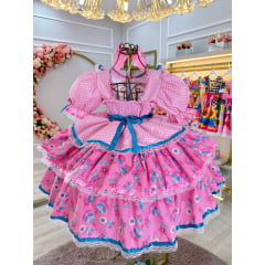 Vestido Junino Caipira Arraiá  Rosa Colorido Saia C/ Babados