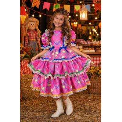 Vestido Junino Caipira Rosa Chiclete Florido Saia Com Babados