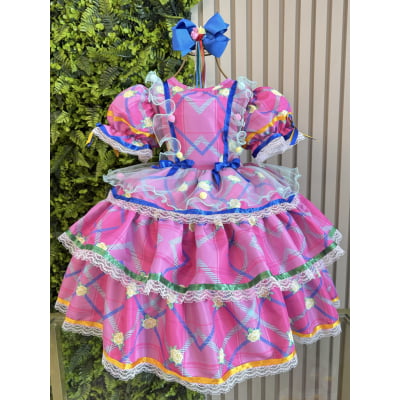 Vestido Junino Caipira Rosa Chiclete Florido Saia Com Babados