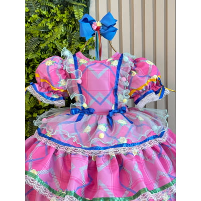 Vestido Junino Caipira Rosa Chiclete Florido Saia Com Babados