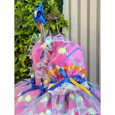 Vestido Junino Caipira Rosa Chiclete Florido Saia Com Babados