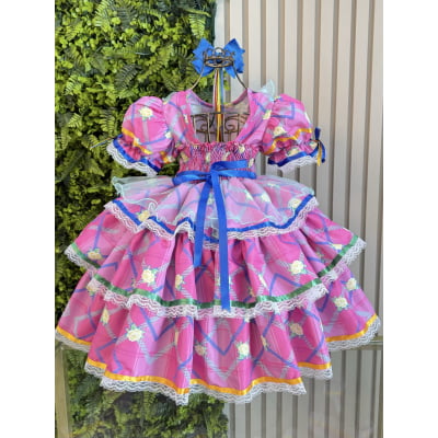 Vestido Junino Caipira Rosa Chiclete Florido Saia Com Babados