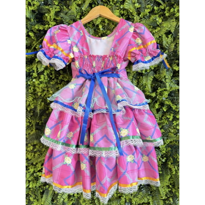 Vestido Junino Caipira Rosa Chiclete Florido Saia Com Babados