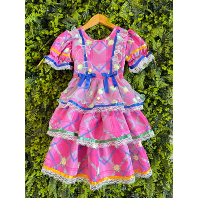 Vestido Junino Caipira Rosa Chiclete Florido Saia Com Babados