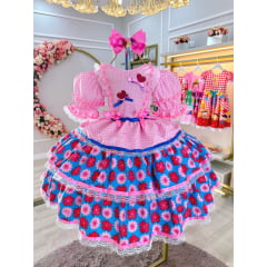 Vestido Junino Caipira Rosa Claro Colorido Saia Com Babados