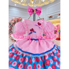 Vestido Junino Caipira Rosa Claro Colorido Saia Com Babados