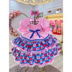 Vestido Junino Caipira Rosa Claro Colorido Saia Com Babados