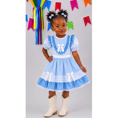 Vestido Junino Infantil Azul Bebê Xadrez com Corações e Renda Vestido Junino Infantil Azul Bebê Xadrez com Corações e Renda