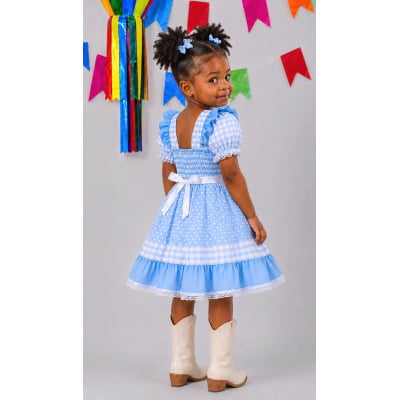 Vestido Junino Infantil Azul Bebê Xadrez com Corações e Renda