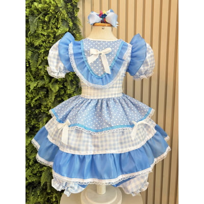Vestido Junino Infantil Azul Bebê Xadrez com Corações e Renda